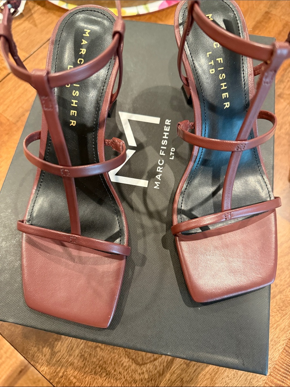 Marc Fisher Burgundy Strappy Square-Toe Block Heel Sandals